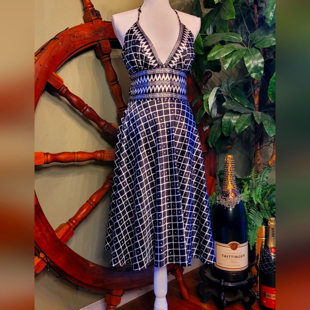 Alyn Paige black white halter satin summer dress